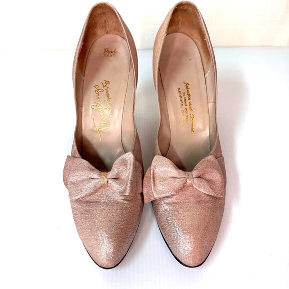 VINTAGE 50s Troylings‎ by Seymour Troy Heels Size 9 Coquette Metallic Pink Bow - Picture 4 of 14
